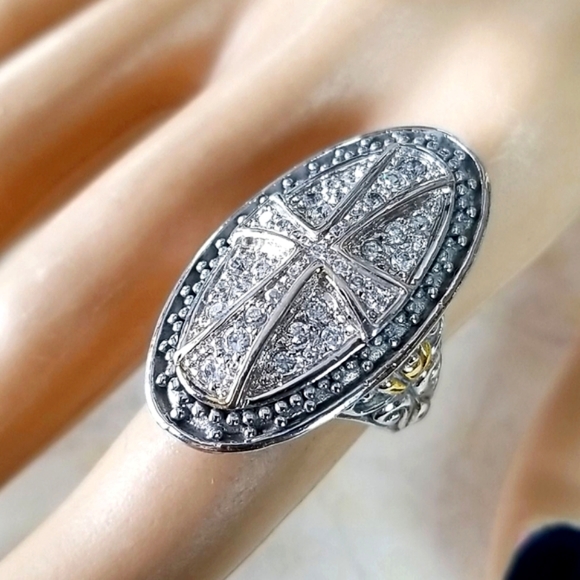 NWT Sterling Silver 925 14k Gold Filled Cubic Zirconia Cross Ring SZ 7.5 - Picture 10 of 15